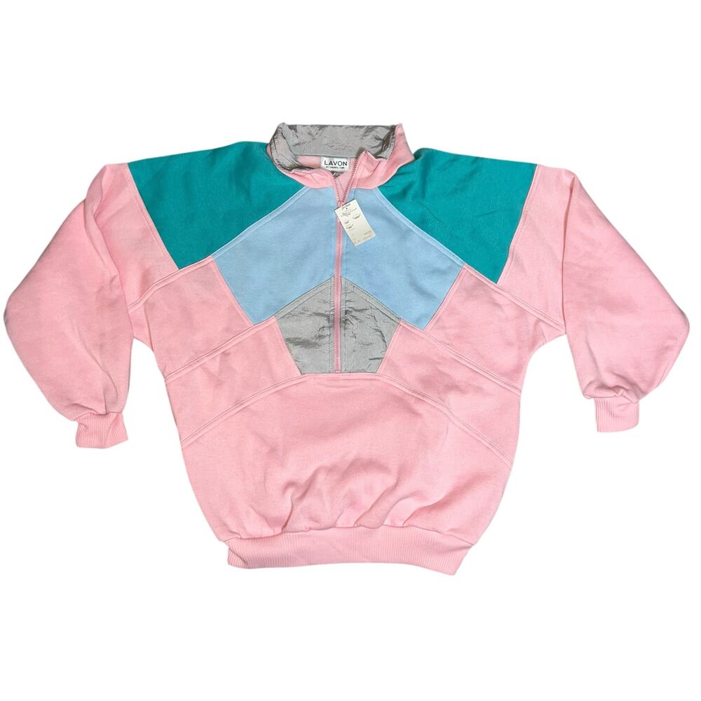 Vintage 1990s Lavon Quarter zip Sweatshirt Color Block pastel Pink blue  XL NEW